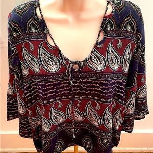 NWT Ganji LA boho paisley colorful burgundy & navy tie collar blouse, size S
